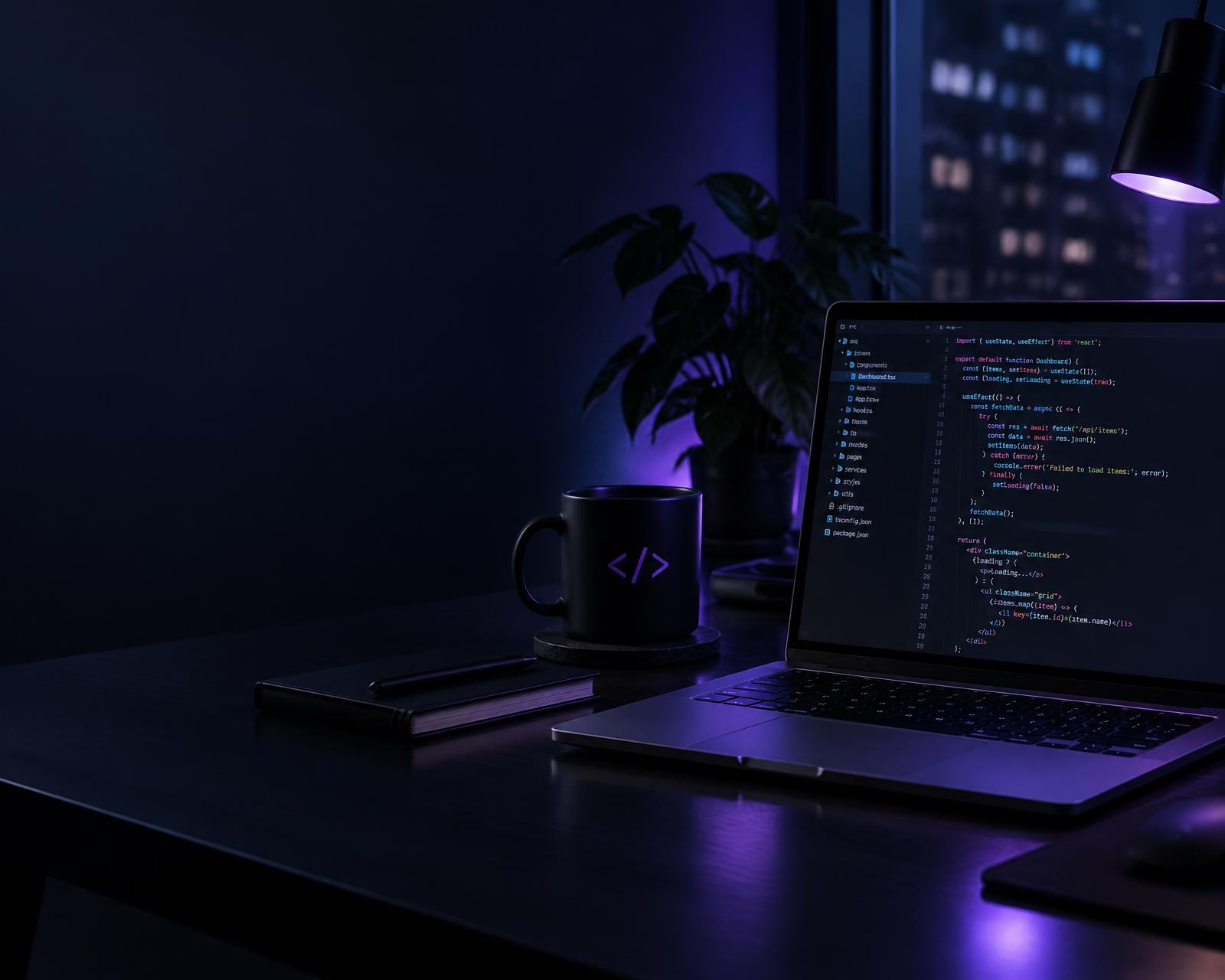 Developer workspace with code editor and dashboards